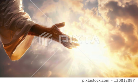 Jesus Christ giving his arm, hand gestures of Jesus dying on the cross and resurrected 120812897