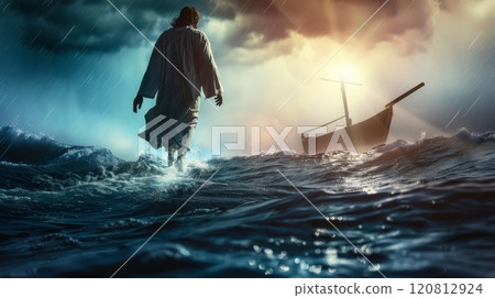 Jesus walks on water across the sea towards a boat during a storm 120812924