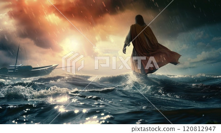 Jesus walks on water across the sea towards a boat during a storm 120812947