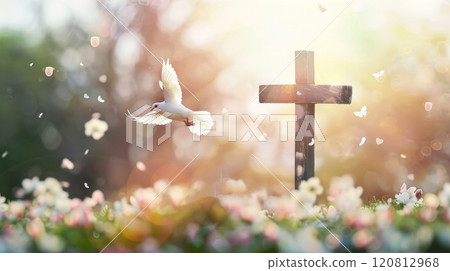 Cross symbolizing the death and resurrection of Jesus Christ, spring flowers 120812968