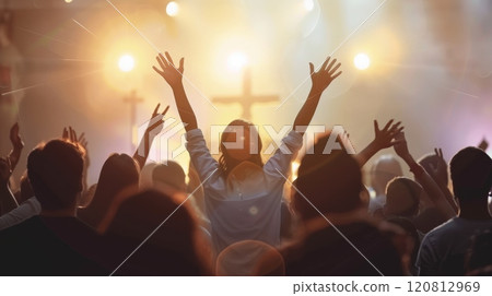 Christian worship God together in Church hall 120812969
