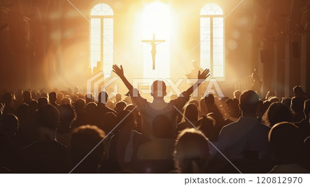 Christian worship God together in Church hall 120812970