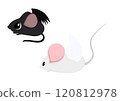 A whimsical illustration featuring two contrasting mice: one representing light with angel wings and a soft white appearance, and the other embodying darkness with bat-like wings and a sleek black des 120812978