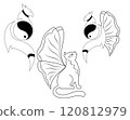 A striking black and white illustration featuring a central cat surrounded by elegant dragon-like silhouettes.  120812979