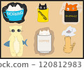drawings of cats with coffee and fish for breakfast, a selection of stickers 120812983