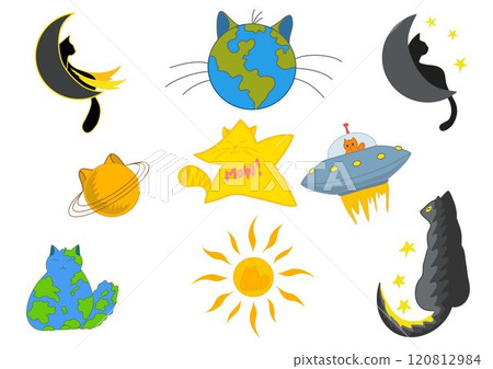abstract drawing of cats in space style, cats in the form of planets, astronauts 120812984