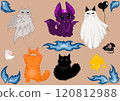 A collection of Halloween-themed cat illustrations, featuring cats dressed as a ghost, bat, and vampire, along with spooky details like a black balloon and eerie flames. 120812988