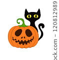 A festive Halloween-themed illustration featuring a spooky jack-o'-lantern pumpkin with a mischievous grin and a black cat with glowing yellow eyes in the background.  120812989