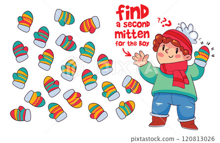 Find two same items. Find a second mitten for the boy. Find other pair. Educational game for kids Find two same items. Find a second mitten for the boy. Find other pair. Educational game for kids 120813026