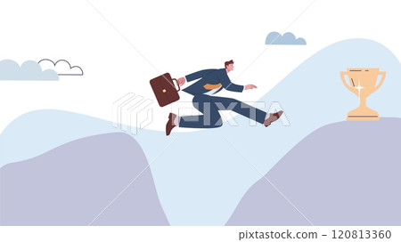 Office man jumps from mountain to mountain for golden cup. Over abyss businessman jump, business male character overcoming difficulties, vector concept Office man jumps from mountain to mountain for golden cup. Over abyss businessman jump, business male character overcoming difficulties, vector concept 120813360