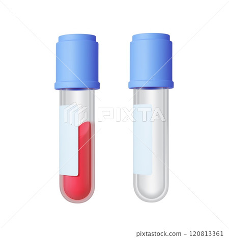 Medical measuring cup. 3d glass tube empty and with blood. Analysis tool in hospital or health center. Science research in pharmacology, vector elements 120813361