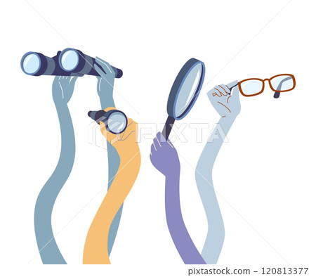 Elastic cartoon hands. Flexible hand looking around, hold eyeglasses, binocular, magnifying glass and telescope. Search discovery vector concept 120813377