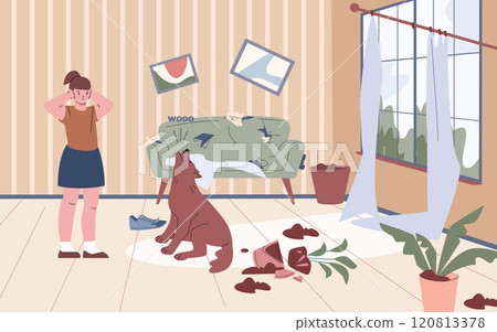Dog destroyed room and howled. Girl covered her ears, howling of pet and dirty house. Bad behavior of an ill-mannered animal. Messy vector scene 120813378