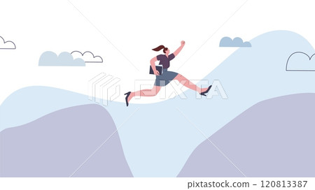 Business woman jumps over abyss from mountain to mountain. Own business, overcoming difficulties at work and in life. Strong girl vector concept 120813387