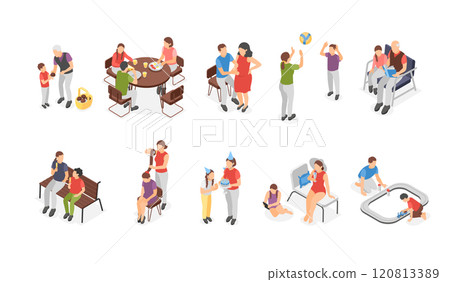 Isometric family. Parents with kids, children play with mother father or grandparents. People walking reading recreation together, flawless vector set Isometric family. Parents with kids, children play with mother father or grandparents. People walking reading recreation together, flawless vector set 120813389