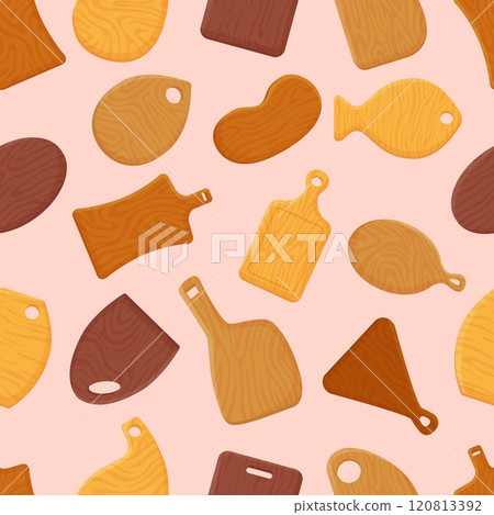 Cutting boards seamless pattern. Wooden kitchen equipment for cut food and serving. Restaurant cafe home fabric print template, neoteric vector background Cutting boards seamless pattern. Wooden kitchen equipment for cut food and serving. Restaurant cafe home fabric print template, neoteric vector background 120813392