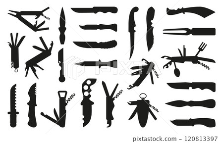 Knives silhouettes. Survival knife, multi tool black icons for hiking hunting travelling. Different equipment for self defense and camping, neoteric vector set Knives silhouettes. Survival knife, multi tool black icons for hiking hunting travelling. Different equipment for self defense and camping, neoteric vector set 120813397