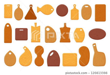 Wooden cutting board. Natural wood board for cut fresh products, cooking and serving. Kitchen tools and decorative elements, neoteric vector set Wooden cutting board. Natural wood board for cut fresh products, cooking and serving. Kitchen tools and decorative elements, neoteric vector set 120813398