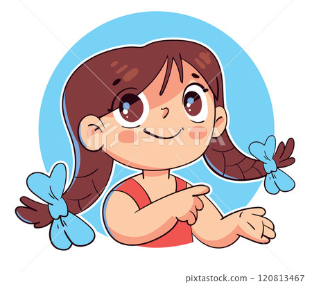 Girl gestures toward. Concept design. Colorful cartoon characters Girl gestures toward. Concept design. Colorful cartoon characters 120813467