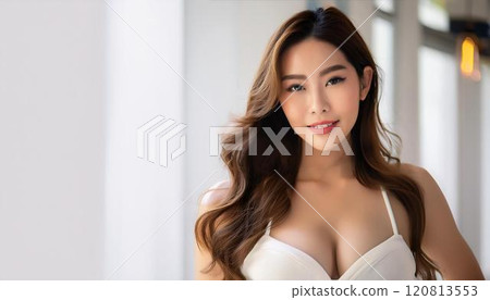 A young model woman with a voluptuous beautiful bust is wearing underwear 120813553