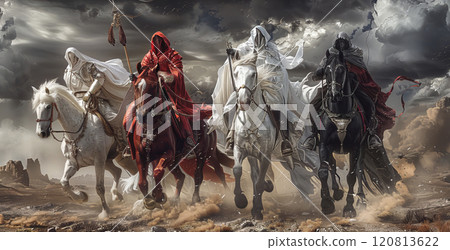 Discover the artistic portrayal of the Four Horsemen of the Apocalypse, powerful mythical figures in legend Discover the artistic portrayal of the Four Horsemen of the Apocalypse, powerful mythical figures in legend 120813622