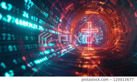 Glowing neon cross in data stream tunnel. 120813677