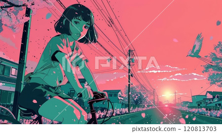 young woman with short hair and black eyes, riding a bicycle along the country roads of Japan, 120813703