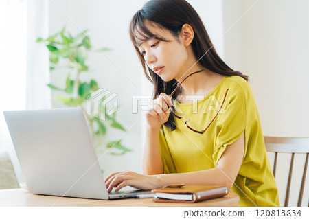 在家使用個人計算機的婦女 120813834