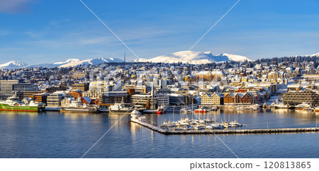Tromso harbor with houses, fjord, cruise ships and downtown on sunny winter day Norway travel 120813865