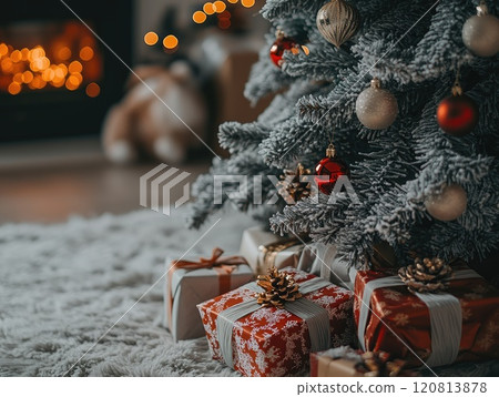 Cozy Christmas scene with decorated tree and wrapped gifts for holiday inspiration 120813878