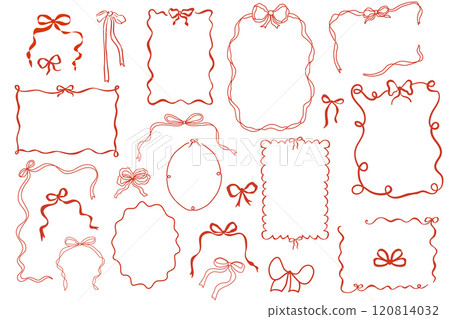 Red whimsical bow knots frames set in vector. Doodle hand drawn vintage bows and ribbons border collection. 120814032