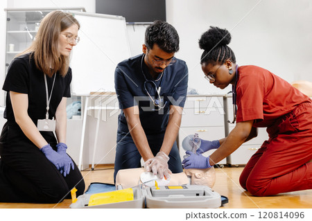 Healthcare professionals in scrubs performing medical procedure Healthcare professionals in scrubs performing medical procedure 120814096