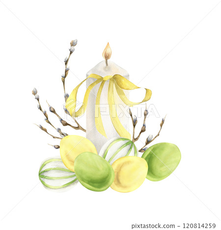White candle with Easter colored eggs and willow branches decoration and yellow bow watercolor illustration. Springtime Happy Easter hunting party card, invitation design. Religious poster,label decor 120814259