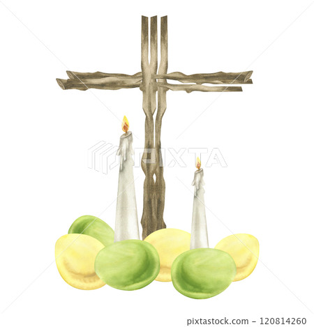 Religious cross with Easter colorful eggs and candles watercolor illustration.Hand drawn wooden Cristian symbol with springtime decorations for hunting party, greeting card,invitation design Religious cross with Easter colorful eggs and candles watercolor illustration.Hand drawn wooden Cristian symbol with springtime decorations for hunting party, greeting card,invitation design 120814260