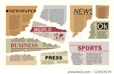 Scraps of old newspapers with tattered edges. Vector illustration. Front view Scraps of old newspapers with tattered edges. Vector illustration. Front view 120814379
