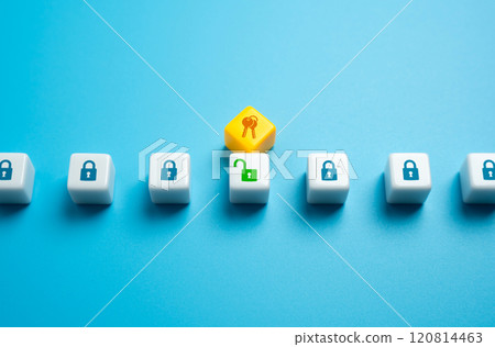 Selecting keys to open a padlock. Concept of solving the problem with the right tools. Finding a way to open access. Reveal secrets and mysteries. Search for truth. 120814463
