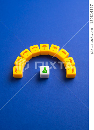 Investment protection and insurance. Insurance and service. Protection of investments Banking and finance. The money bag is covered with umbrellas. 120814537