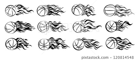 Sport balls with fire flames set. Basketball soccer match logo. Game goal champion symbol. Punching power speed victory success emblem. Black and white simple flat tatoo style. Isolated vector on 120814548