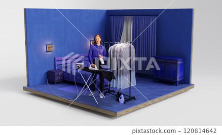 Young woman in blue-themed bedroom ironing clothes on rack. 3D model of blue bedroom Young woman in blue-themed bedroom ironing clothes on rack. 3D model of blue bedroom 120814642
