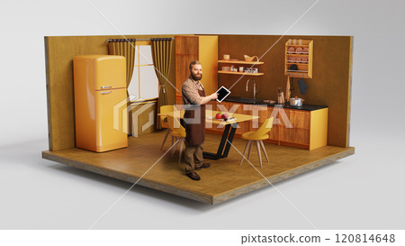 Bearded man in apron holding tablet in yellow retro-style kitchen, combining traditional cooking with modern technology. 3D model of vintage-inspired kitchen interior 120814648