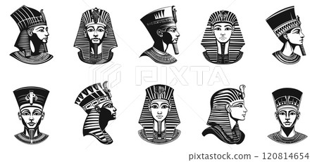 Egyptian pharaon portraits set. Tutankhamunes in high collared headwear. Side and front view. Ancient king in traditional look. Simple black and white icon logo in flat style. Isolated vector on white 120814654
