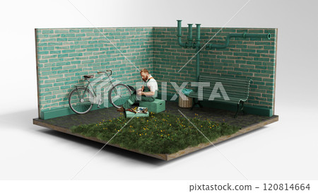 Bearded young man in overalls repairing bicycle in retro-style green courtyard with brick wall and bench. 3D model of outdoor scene Bearded young man in overalls repairing bicycle in retro-style green courtyard with brick wall and bench. 3D model of outdoor scene 120814664