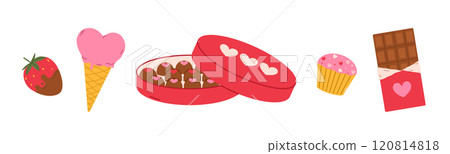 Valentines Day sweets elements set. Different dessert cupcake, ice cream, chocolate and strawberry. Flat isolated vector illustration Valentines Day sweets elements set. Different dessert cupcake, ice cream, chocolate and strawberry. Flat isolated vector illustration 120814818