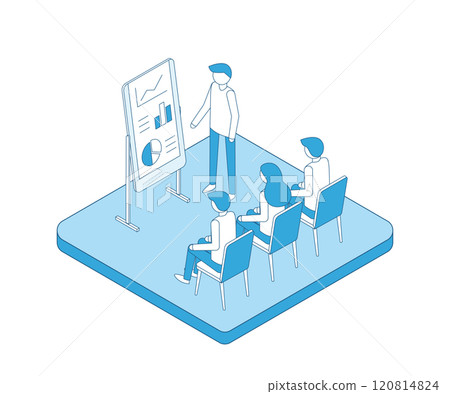 Business presentation or conference outline illustration. Successful businessman performs on rostrum in front of an audience. Financial charts and reports on board. Business training isometry. Business presentation or conference outline illustration. Successful businessman performs on rostrum in front of an audience. Financial charts and reports on board. Business training isometry. 120814824