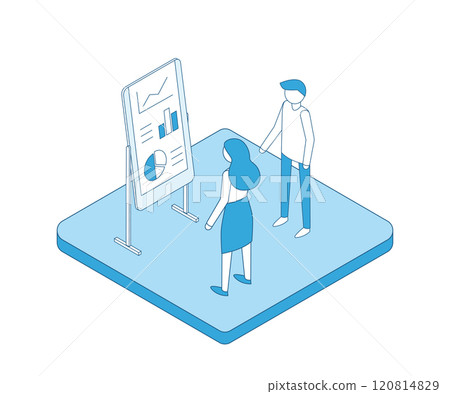 Business Planning concept. Isometric illustration in outline style of a group of diverse business people having a discussion at a table with graphs in the background. 120814829