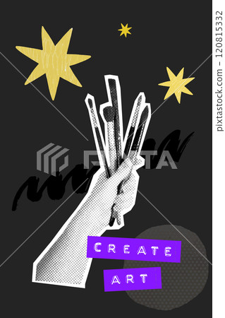 Create art poster, modern collage. Hand holding brushesm stars and sparkles, embossed typography. Creative workshop graphic 120815332