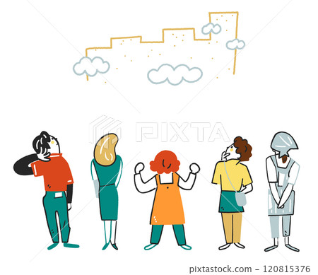 Stock illustration material of a set of non-regular workers with various expressions standing in front of the annual income wall 120815376