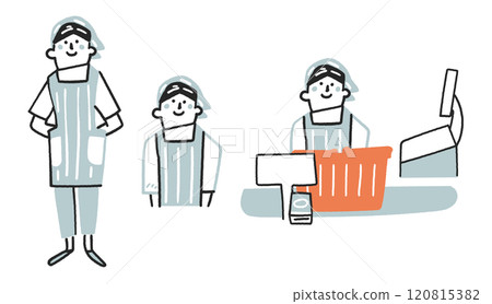 一組穿著圍裙的廚師或超市店員的庫存插畫素材 一組穿著圍裙的廚師或超市店員的庫存插畫素材 120815382