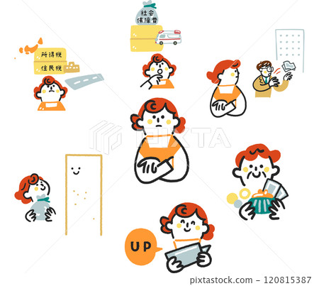 一組非正式員工思考年收入障礙、稅收、實得工資、退休金等的庫存插圖。 一組非正式員工思考年收入障礙、稅收、實得工資、退休金等的庫存插圖。 120815387