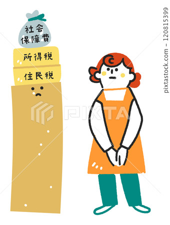 一位女士站在她的年收入、稅收和社會保障費用前面 庫存例證材料 120815399